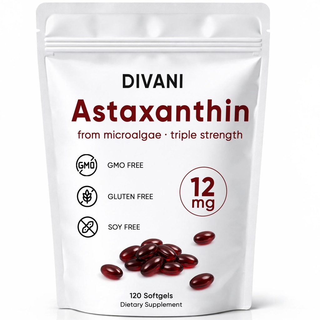 DIVANI Astaxanthin 12mg, Integratore Antiossidante per il benessere quotidiano, Immune, Supporto per occhi e pelle, Non OGM, Gluten Free - 120 Softgels