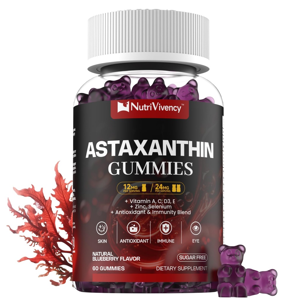 Astaxantina Gummies, 12mg Per Gummy 24mg Max, Astaxantina Integratori con Vitamina A/C/D/E, Resveratrolo, 14-IN-1 Antiossidanti Miscela per Donne Uomini, Pelle, Occhi, Supporto immunitario, Zucchero Libero, Vegan, 60 Ct