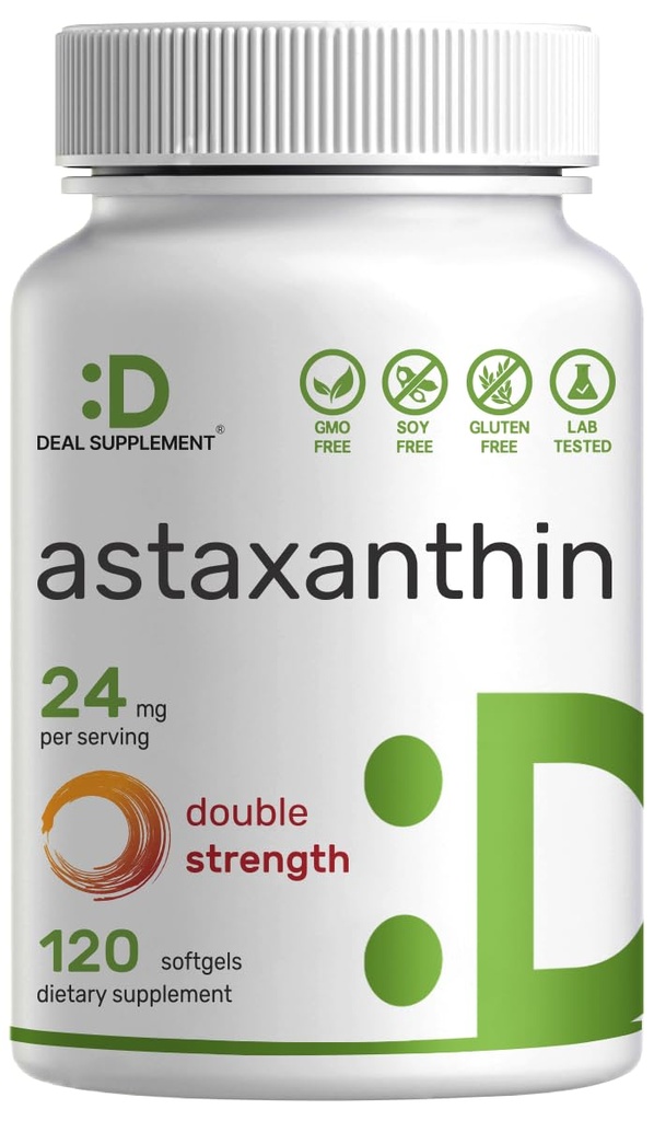 Astaxantina 24mg Per Serving (12mg Per Cap), 120 Softgels – Microalghe a doppia resistenza – Integratori antiossidanti per pelle, occhi, giunti e supporto immunitario – Non OGM
