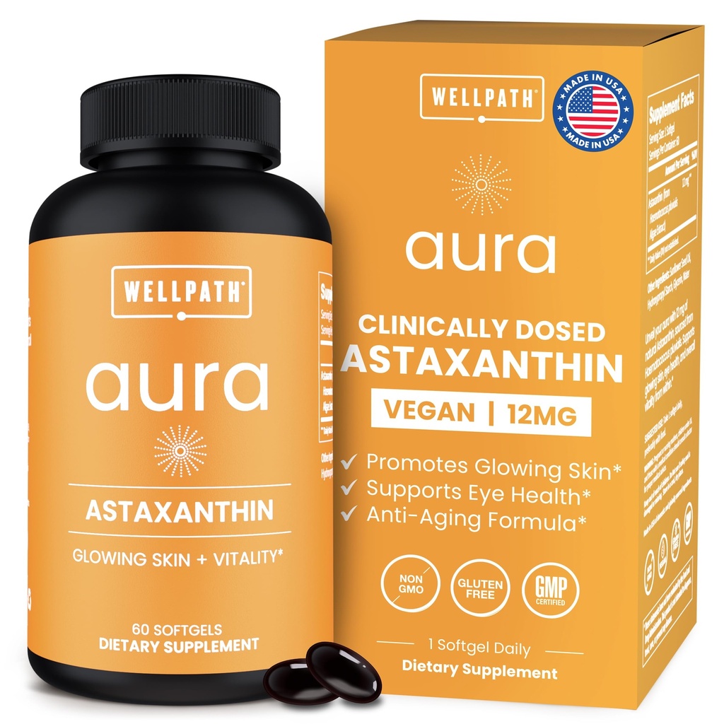 WellPath Astaxanthin 12mg Softgets | Vegan Astaxanthin Integratori da Microalgae | Antiossidanti per l'idratazione della pelle, l'elasticità e la salute degli occhi | Non-GMO, Made in USA, alimentazione di 2 mesi