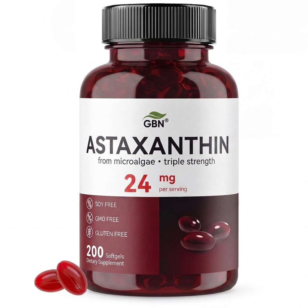 GBN Astaxanthin Integra 24mg 200 Softgels, Supporta Occhio, Pelle, Giunto, Cervello, Cuore e Sistema Immune Salute, Stamina & Affinamento sano per le donne e gli uomini, Fresco Microalgae Fonte