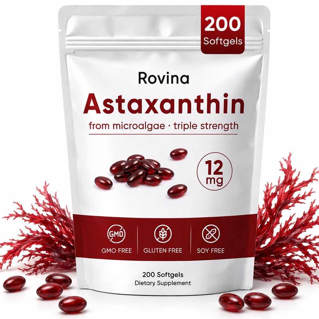ROVINA Astaxantina 12mg Softgels, Integratore Antiossidante Supporta Occhio, Pelle, Immune, Giunto, Circolazione Interna, Non OGM & Gluten Free - 200 Softgels