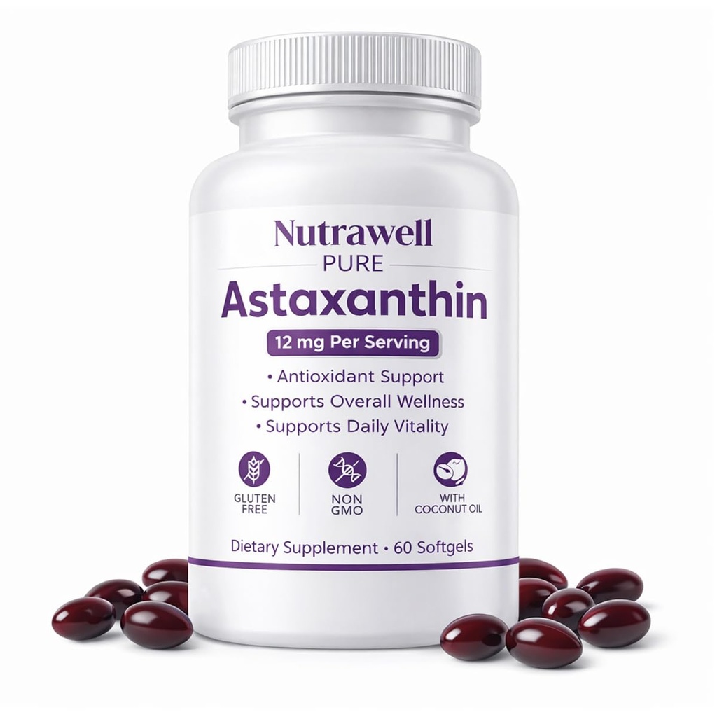 IRMI Nutrawell Astaxanthin 12 mg Softgels, Premium Natural Astaxanthin | Gluten-Free, Non OGM | Daily Eye & Skin Support, 60 gel morbidi