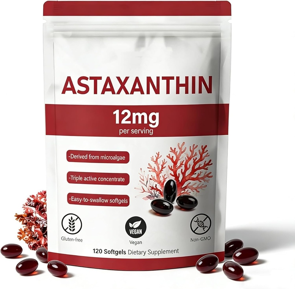 Astaxanthin 12mg, 120 Softgels, origine naturale delle microalghe, non-GMO senza glutine, 4 mesi di fornitura