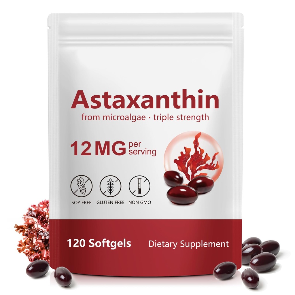 Astaxanthin 12mg Softgels, 120 capsule | 4 mesi di alimentazione | Premium Antiossidante Supplemento per occhio, pelle, Joint & Immune Support | Non-GMO, senza glutine, da fresco Microalgae