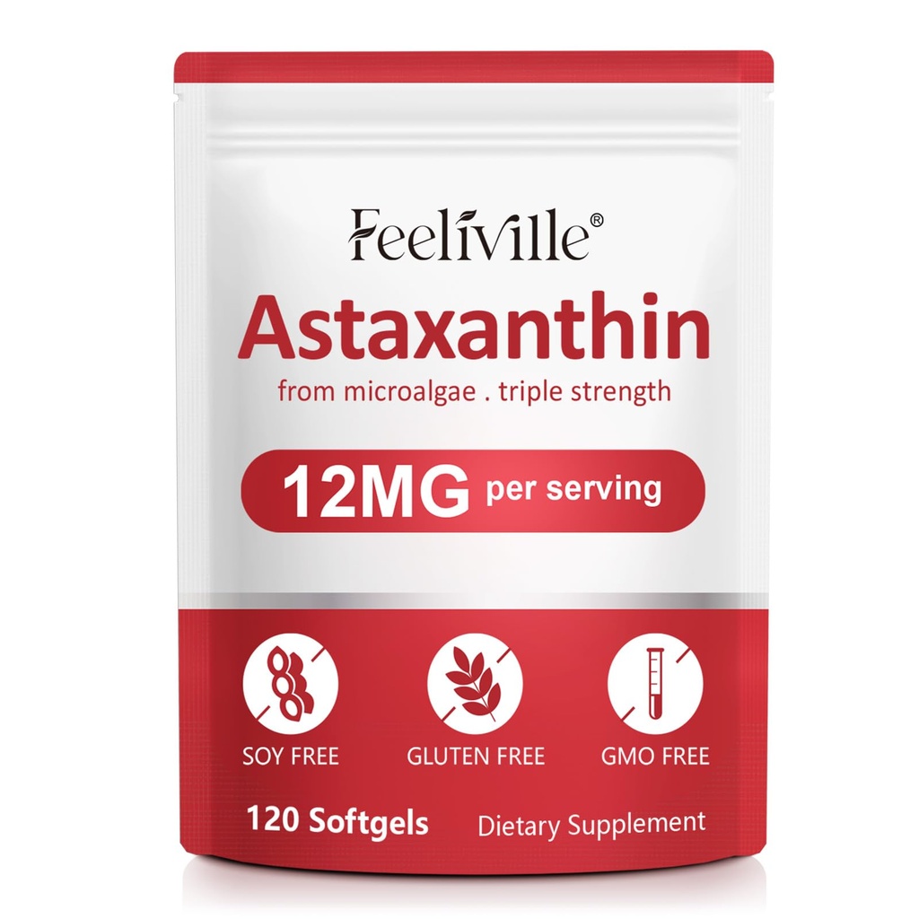 Astaxantina Premium Supplementi 12mg 120 Softgels, Astaxantina Antiossidante Supplemento per Occhi, Pelle, Giunto, Cervello, Fresco Microalgae Fonte per Cuore e Salute del sistema immunitario