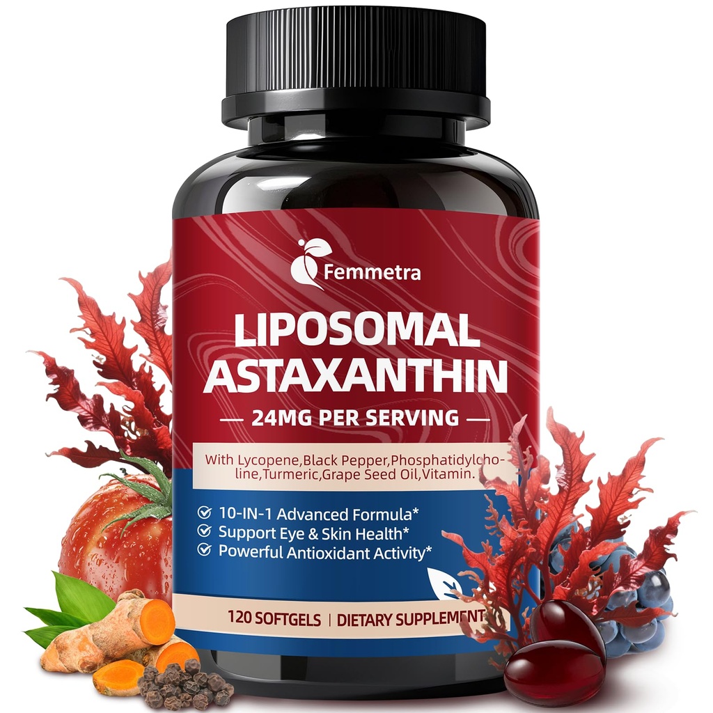 L'astaxantina liposomiale integra 24 mg con licopene per occhio, pelle e salute immunitaria, 10-in-1 Max Resistenza Astaxantina Antiossidante Supplemento, Fresco Microalgae Fonte, Non-OGM, 120 Softgels