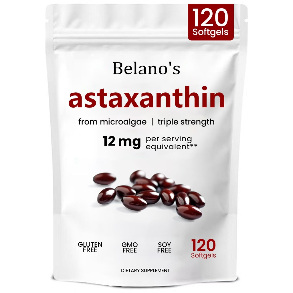 Astaxantina 12mg di Belano, Astaxantina Softgels, Premium Astaxanthin Antiossidante Supplemento | Supporto per la salute e l'energia, Non OGM, Vegan- Friendly & Gluten-Free - 120 Softgels (1 Borsa)