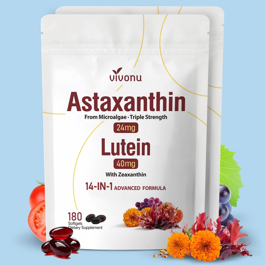 VivoNu 14-in-1 Astaxanthin 24mg & Lutein 40mg con Zeaxanthin Supplements, 12 mesi di fornitura, 360 Softgels, 2 Bag