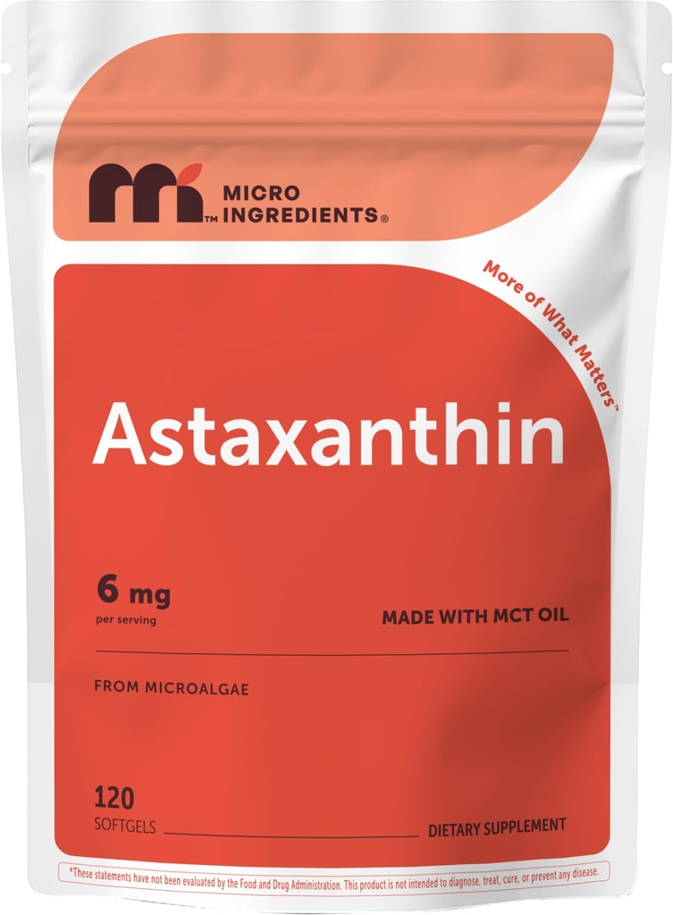 Micro Ingredienti Astaxanthin 6mg con olio MCT, 120 Softgels | Integratori Antiossidanti Premium Astaxanthin* | Fresco Microalgae Fonte | Tripla resistenza, Non OGM, Gluten Free, No Soy