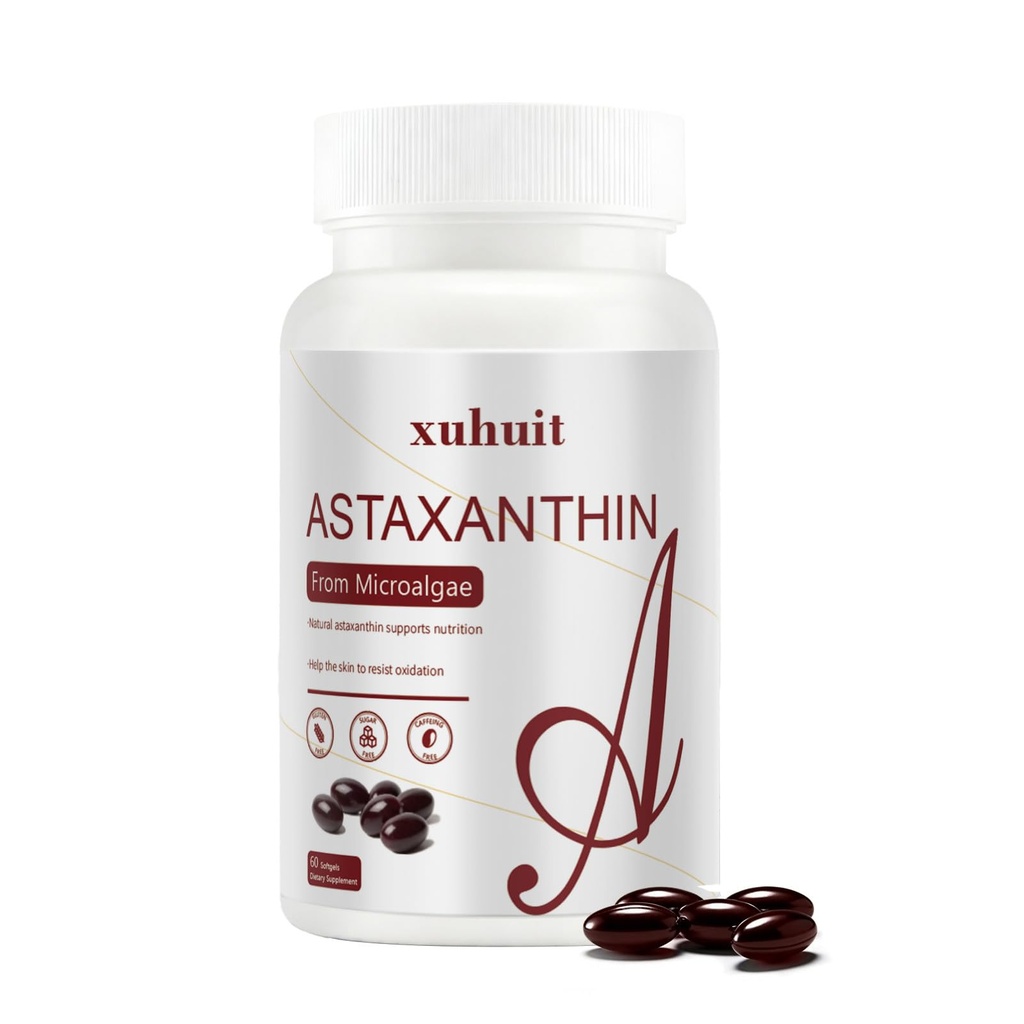 Astaxanthin 12mg 60 Softgels, integratore naturale antiossidante da Microalgae, Non OGM, Soy Free, Supporta la salute della pelle, Easy to Swallow Softgels, alimentazione di 2 mesi (1)