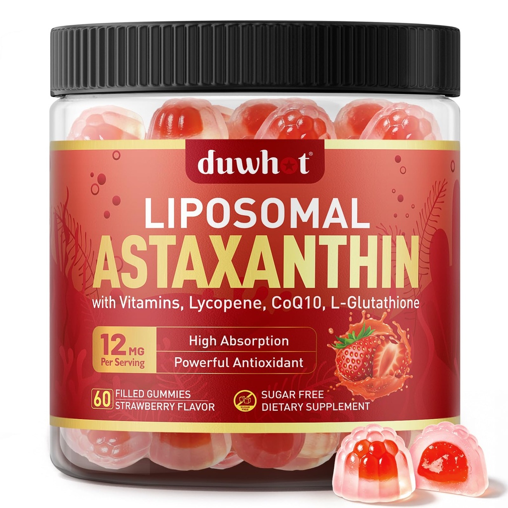 Astaxantina liposomiale Gummies, Astaxantina organica 12mg Integratori con Licopene, Glutathione per Antiossidante Potente, Plus Vitamine & CoQ10 per Occhi, Pelle & Salute Immune, Zucchero Libero, Vegan, 60