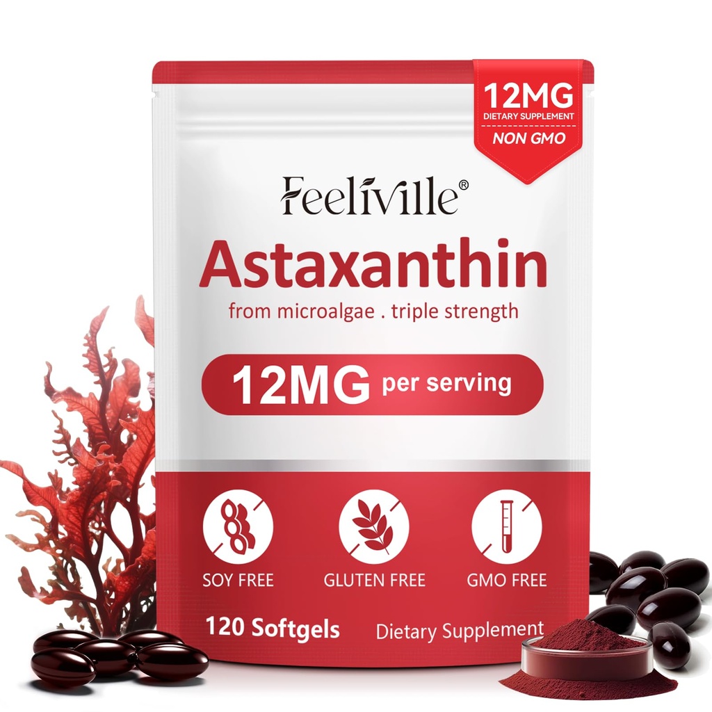Integratori di astaxantina, Premium Astaxantina 12mg Antiossidante con attività antiossidante, Supporta l'occhio, Giunto, Immune, Salute della pelle, Circolazione interna, 1Pack(120 Softgels), Non OGM & No Gluten