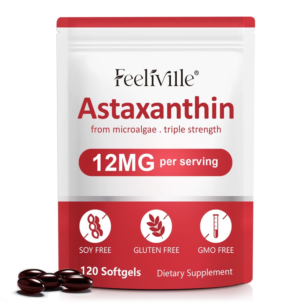 Integratori di astaxantina, Astaxantina 12mg, 120 Softgels Antiossidante Astaxantina Supplemento per occhio, pelle, Joint & Immune Health, Supporta Circolazione interna & Heart Health, Non-OGM & No Gluten