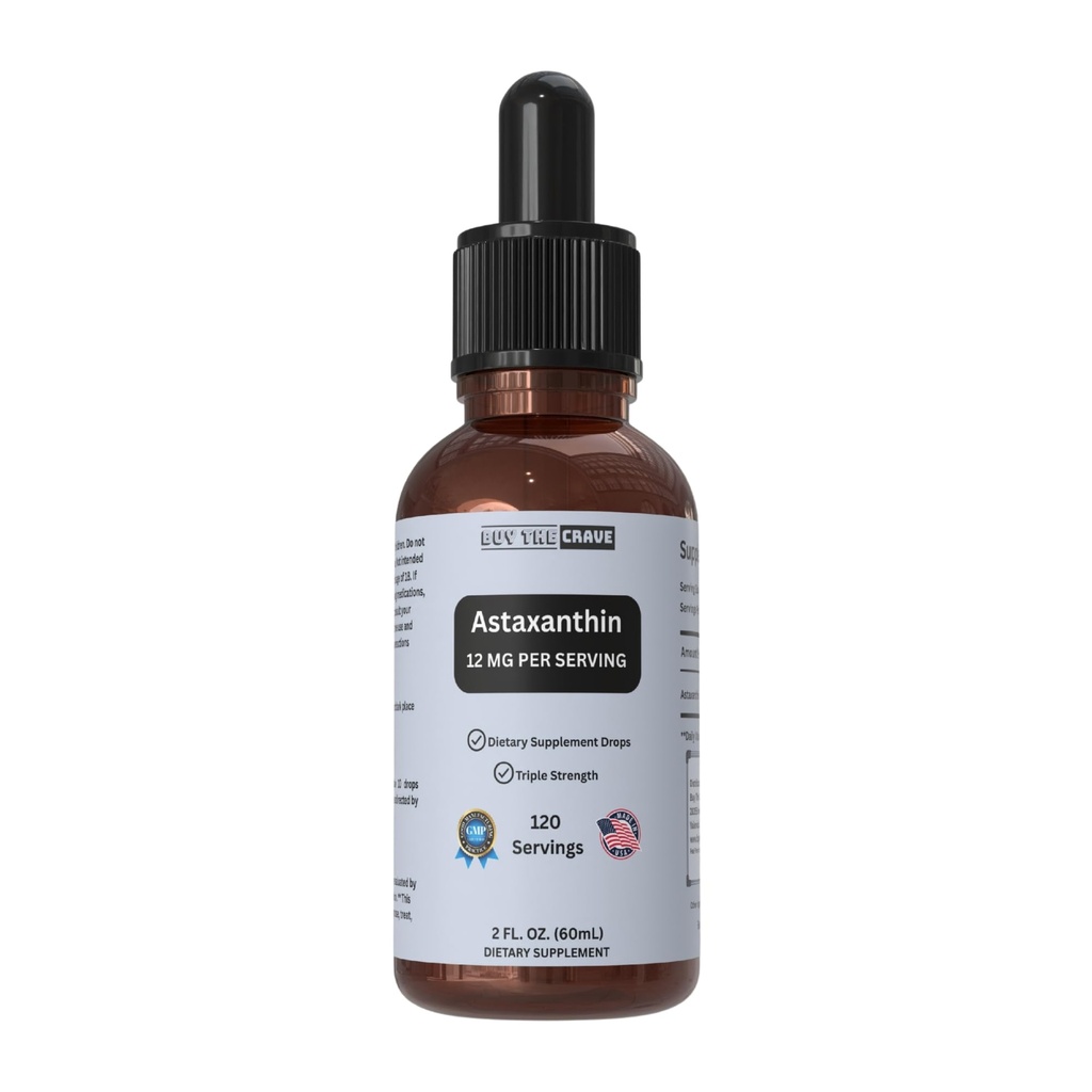 Gocce liquide di astaxantina Infuso con olio extra vergine di oliva pressato a freddo – 12 mg per porzione – Supporto naturale antiossidante – 2 fl oz Bottiglia Dropper – Vegan, Non OGM