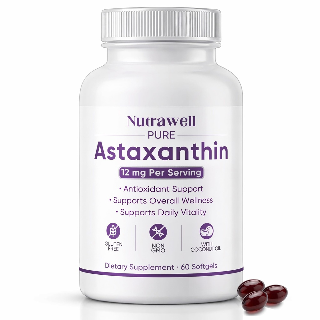 NutraWell Astaxanthin 12mg, con olio di cocco, supplemento di supporto antiossidante, non OGM, senza glutine, 60 Softgels