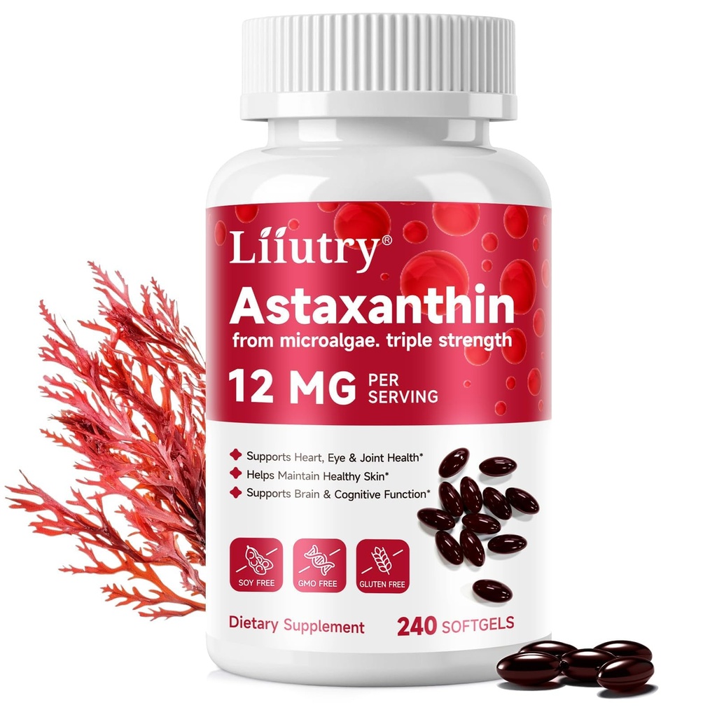 Astaxanthin 12mg | 240 Softgels | Integratori Antiossidanti Premium Astaxanthin con Attività Antiossidante | Astaxanthin da Haemotococcus Pluvialis Algae | Supporta Occhio, Pelle, Salute del sistema immunitario
