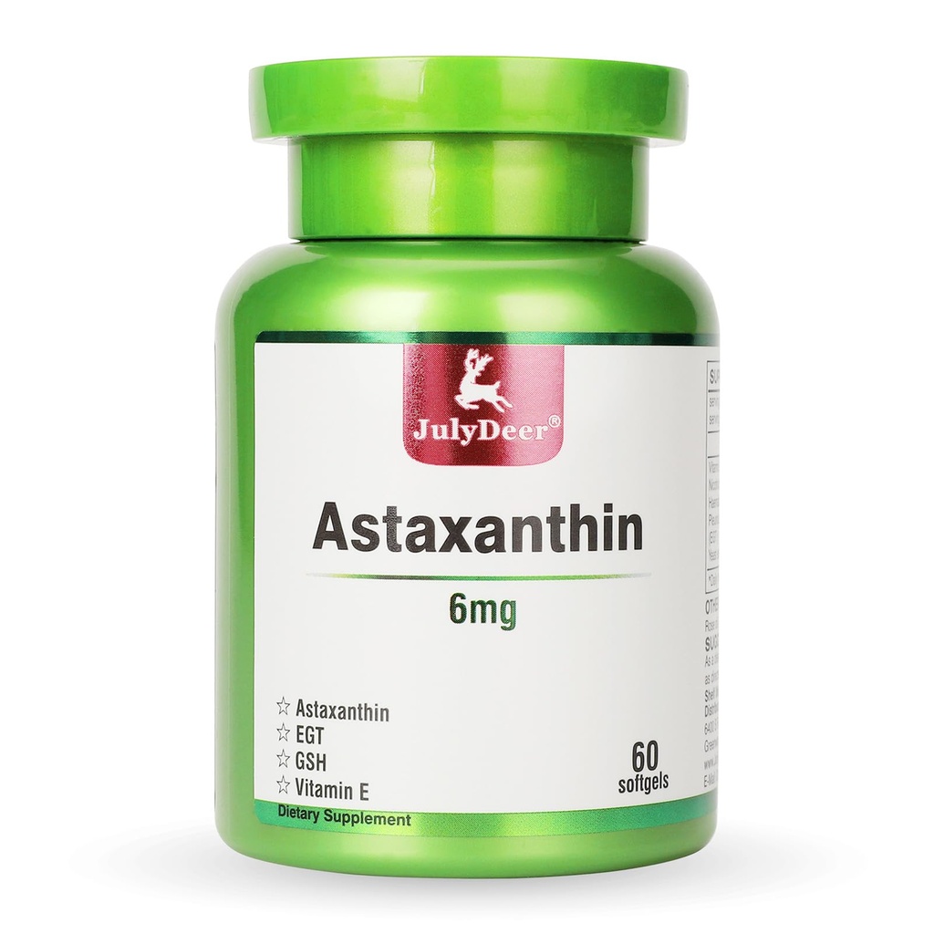LuglioDeer Astaxanthin 6 mg Per Serving, 60 Softgels – Microalgae a doppia resistenza – Natural Haematococcus Pluvialis Source – Integratori antiossidanti per pelle, occhi, giunti e supporto immunitario – Non OGM