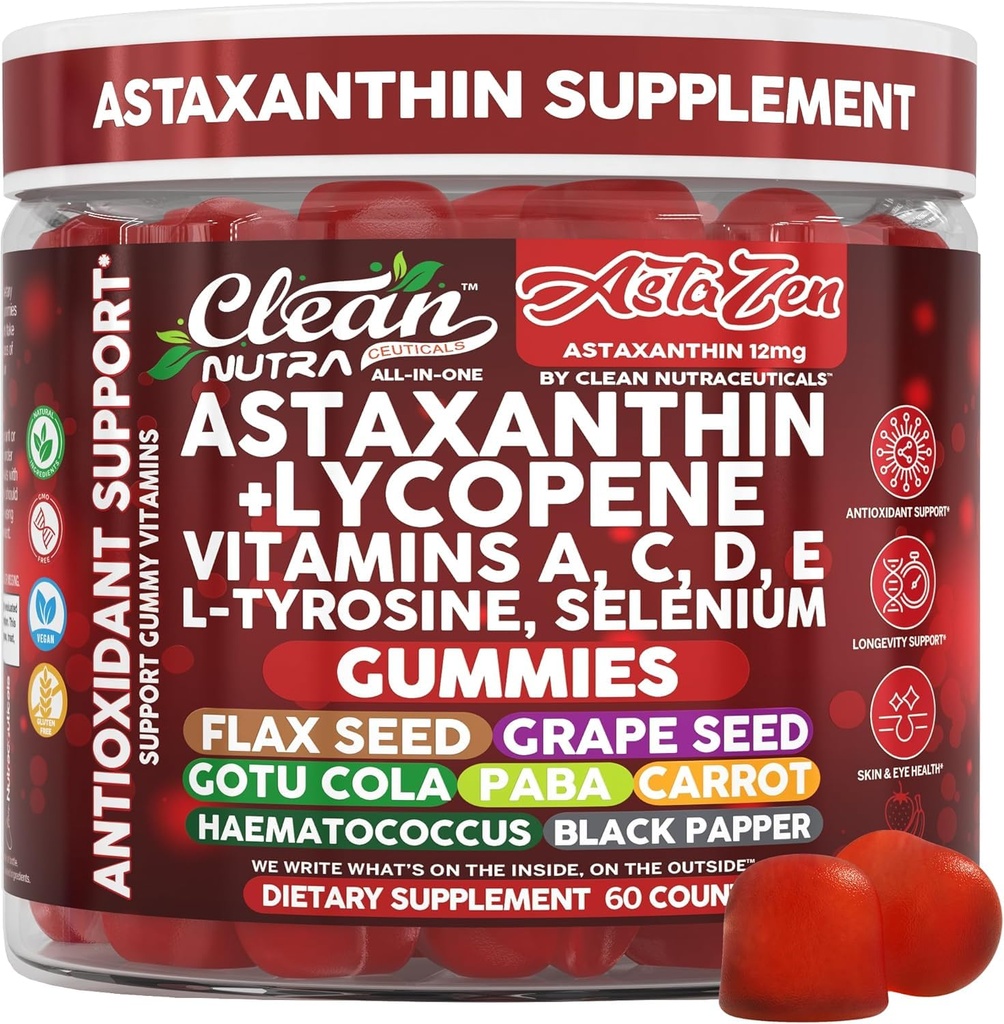 AstaZen Astaxanthin Gummies 12mg - con Lycopene, Vitamine A C D E, L-Tyrosine & Selenium - Supporto antiossidante Gummies - 60 Conte