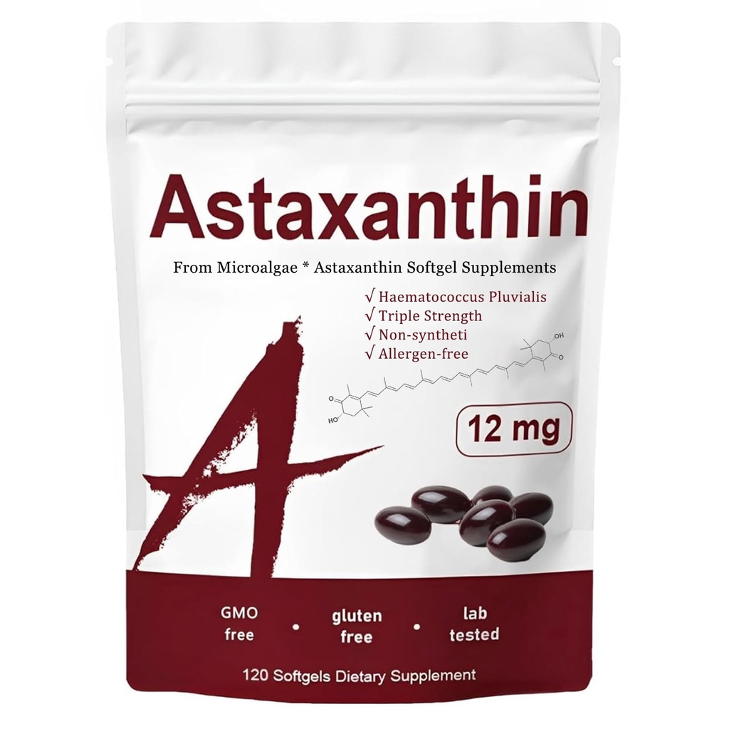 Astaxantina 12mg, Vitamine della pelle di tripla resistenza per le donne con attività antiossidante, Supporta l'immunità, la pelle, la salute degli occhi e delle articolazioni, Circolazione interna promota, Sapore di cioccolato, 120 Serve