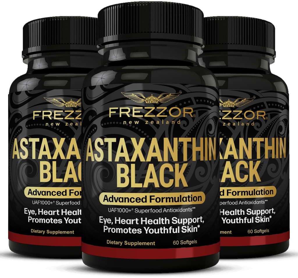 FREZZOR Astaxanthin nero con UAF1000+ Super Antiossidante, Supporta il cuore, Eye & Brain Health, Anti-invecchiamento Skincare & Cellular Protection, 12 mg Astaxanthin per Serve, 180 Softgels, 3 mesi di fornitura