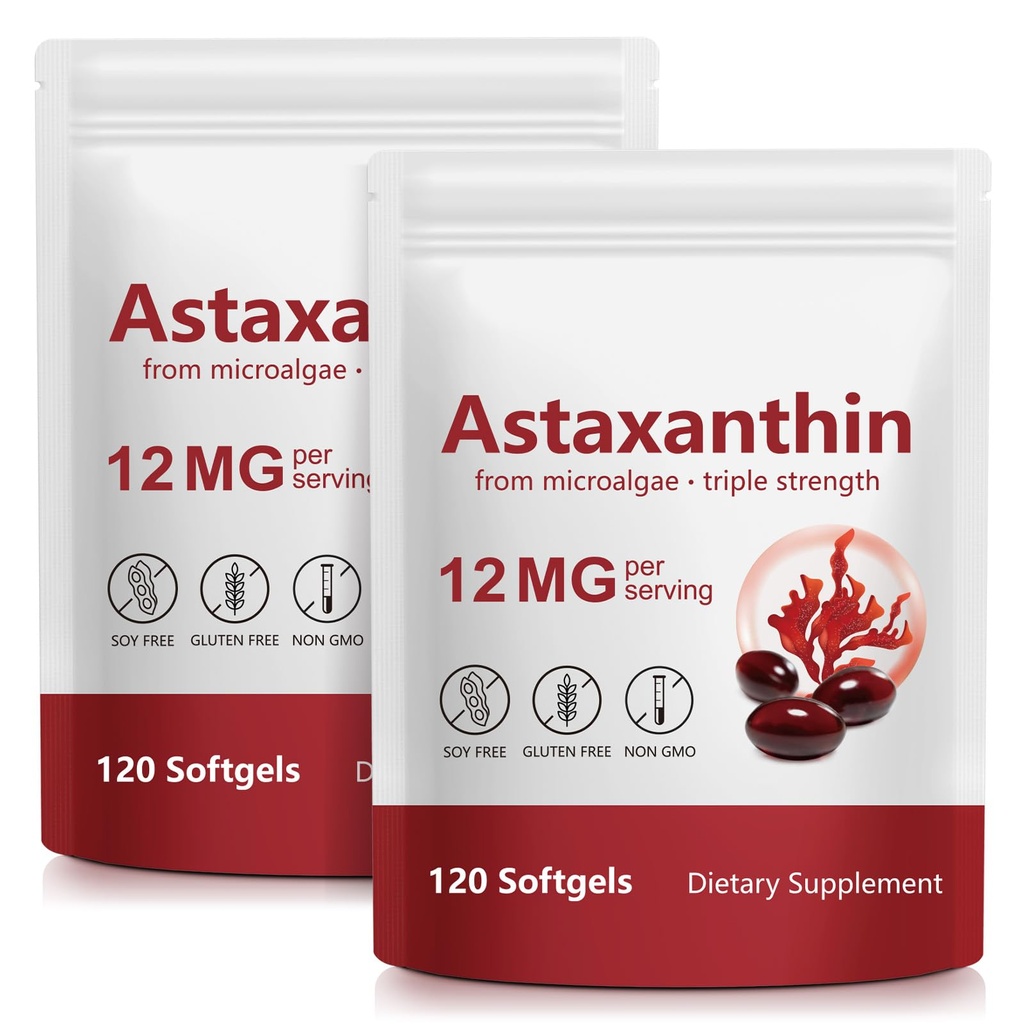 Astaxantina 12mg, 120 Softgels, (2Pack)Premium Astaxantina Antiossidante Integratori con Attività Antiossidante, Supporta Occhio, Pelle, Joint & Immune System Health, Fresh Microalgae Source, Non OGM