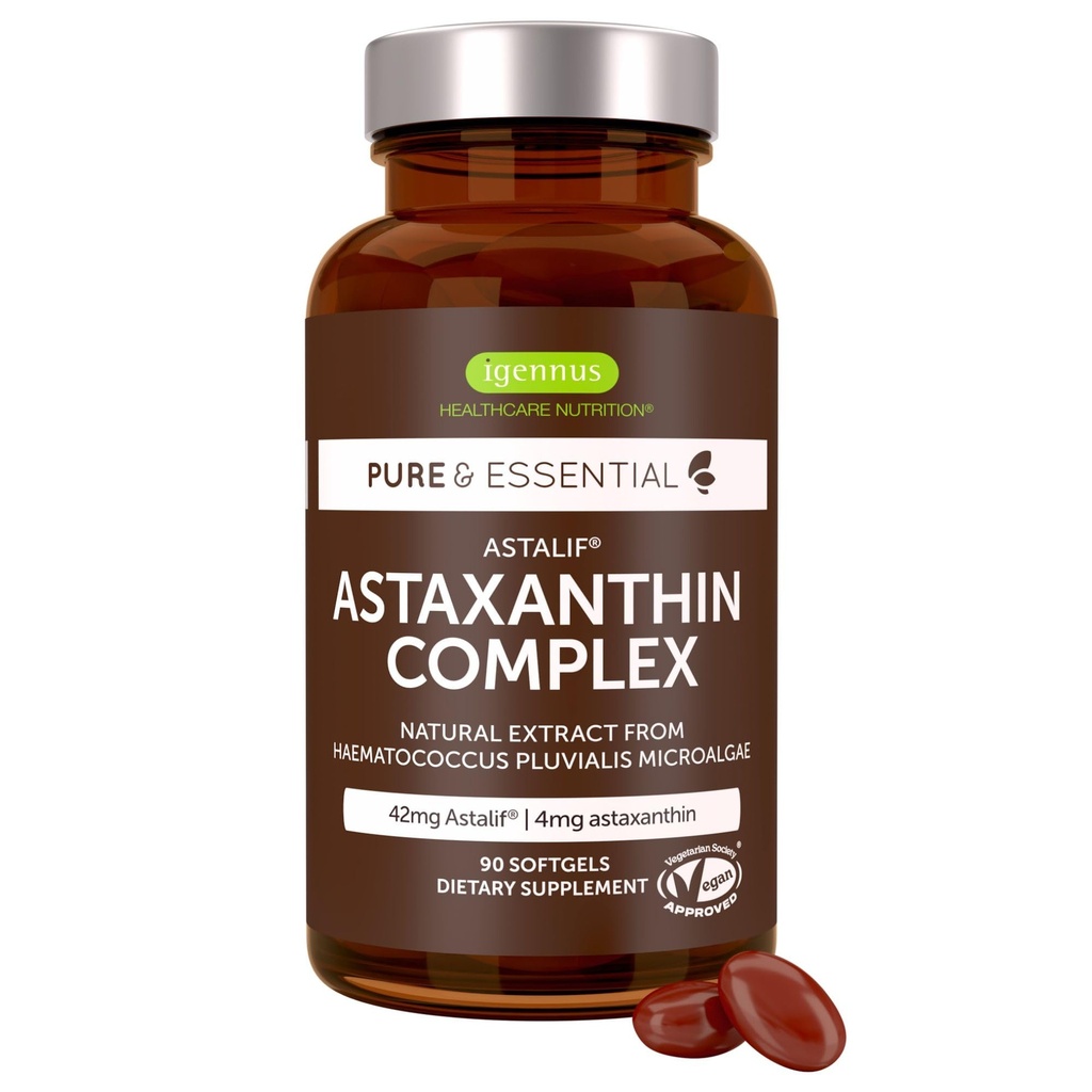 Igennus Vegan Astaxanthin 4mg Complesso con Lutein e Zeaxanthin, 90 Small Softgels, da 42 mg Astapure, Antiossidante naturale delle alghe per gli occhi, Pelle & Giunti, Non OGM, H. Pluvialis