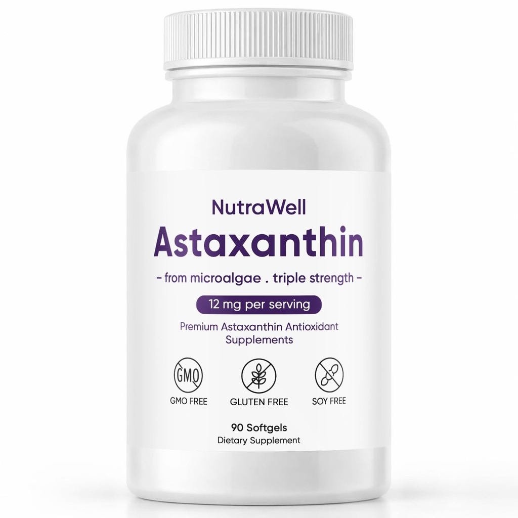 Nutrawell Astaxanthin - Supplemento giornaliero di benessere antiossidante con naturale origine Astaxanthin Clean Formula per Active Adult Lifestyle Facile da prendere Capsule - 90 Softgels (1)