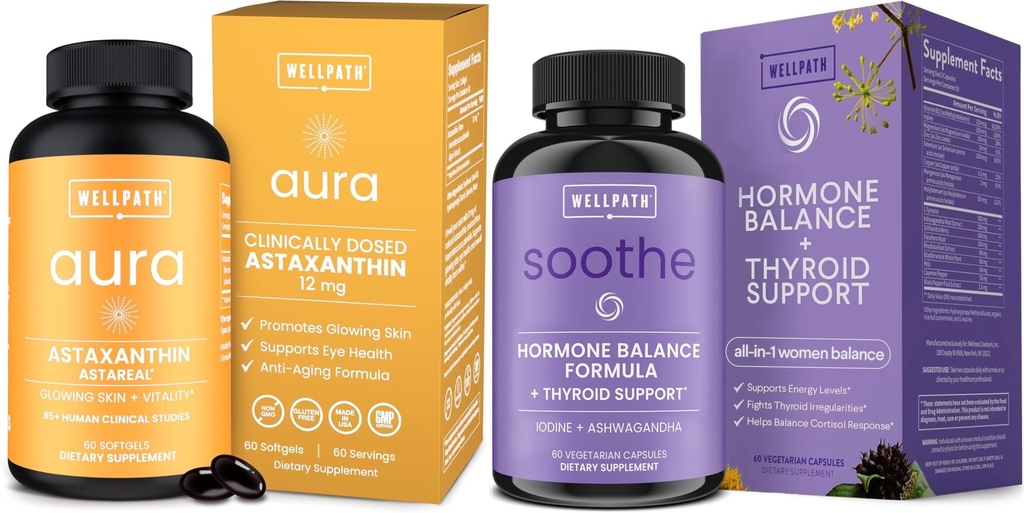 WellPath Astaxanthin 12mg – Integratori naturali di astaxantina da Microalgae e Soothe bilanciamento dell'ormone per le donne + supplementi di cortisolo per il supporto della tiroide, supporto del mood