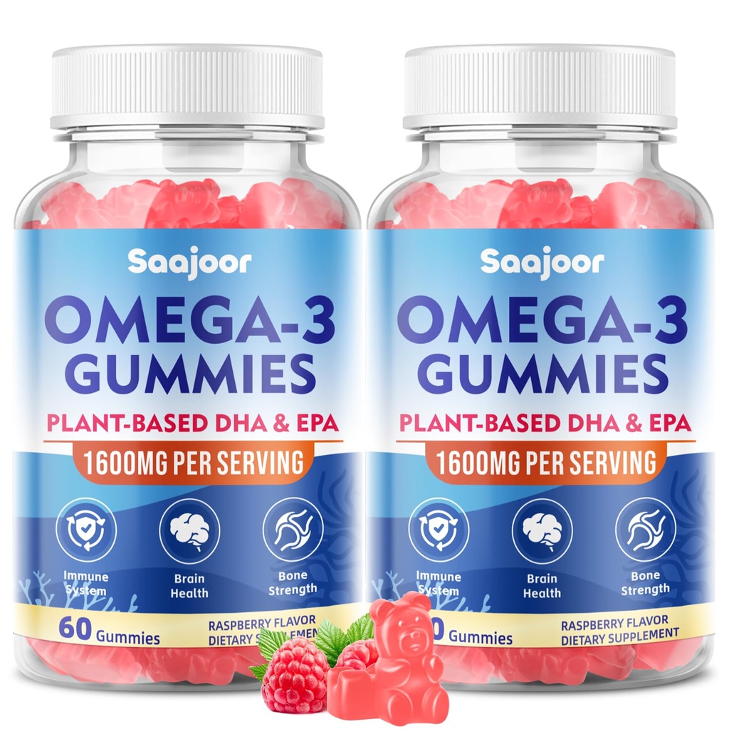 2 Confezione Vegan Omega-3 Gummies1000mg per adulti - Supplemento senza zucchero con 400mg DHA & 600mg EPA, Vitamine A, C, E e Zinco - 120 Conte