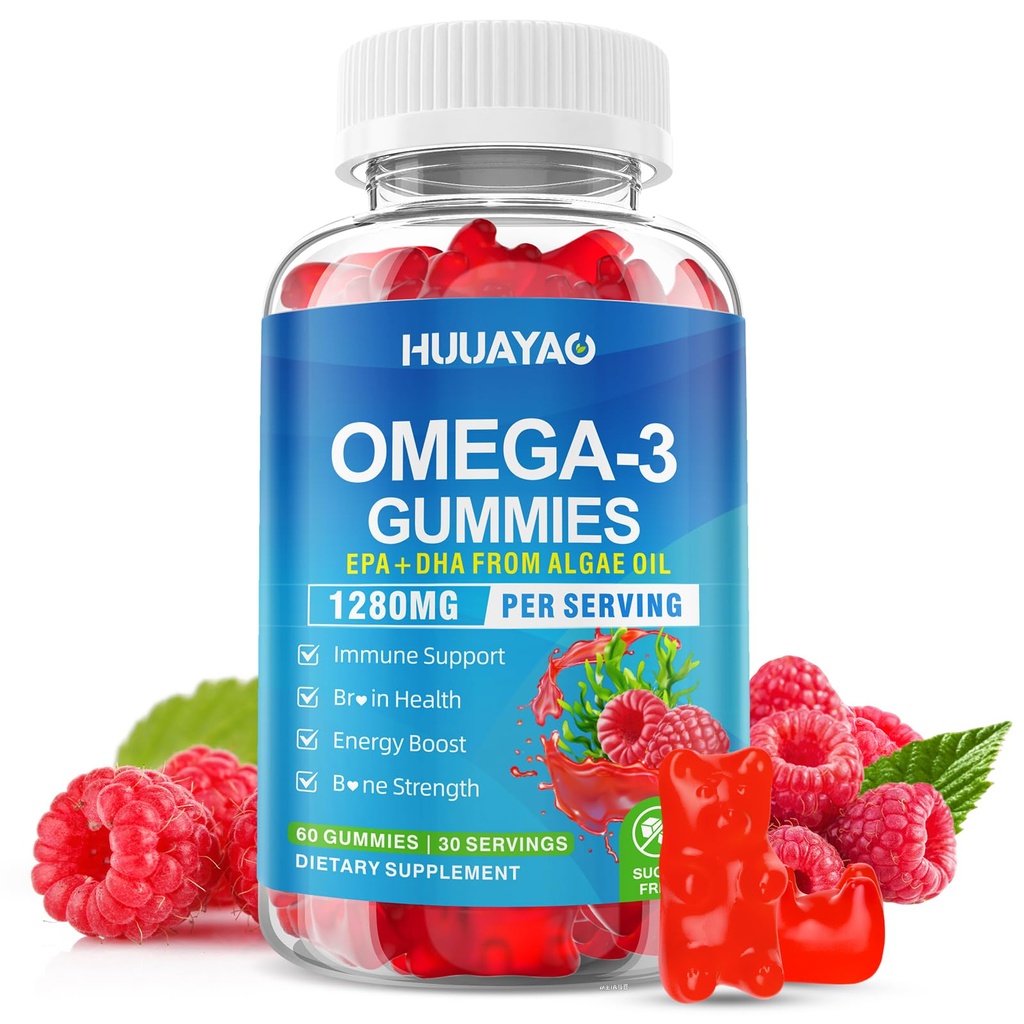 Vegan Omega-3 Gummies 1028mg, Omega 3 Fish Oil alternativa per gli adulti w / EPA 400mg & DHA 600mg & vitamina A, C, E Supporta il cervello, Eye & Immune Health, Sugar Free, Raspberry Flavor, 60 Count