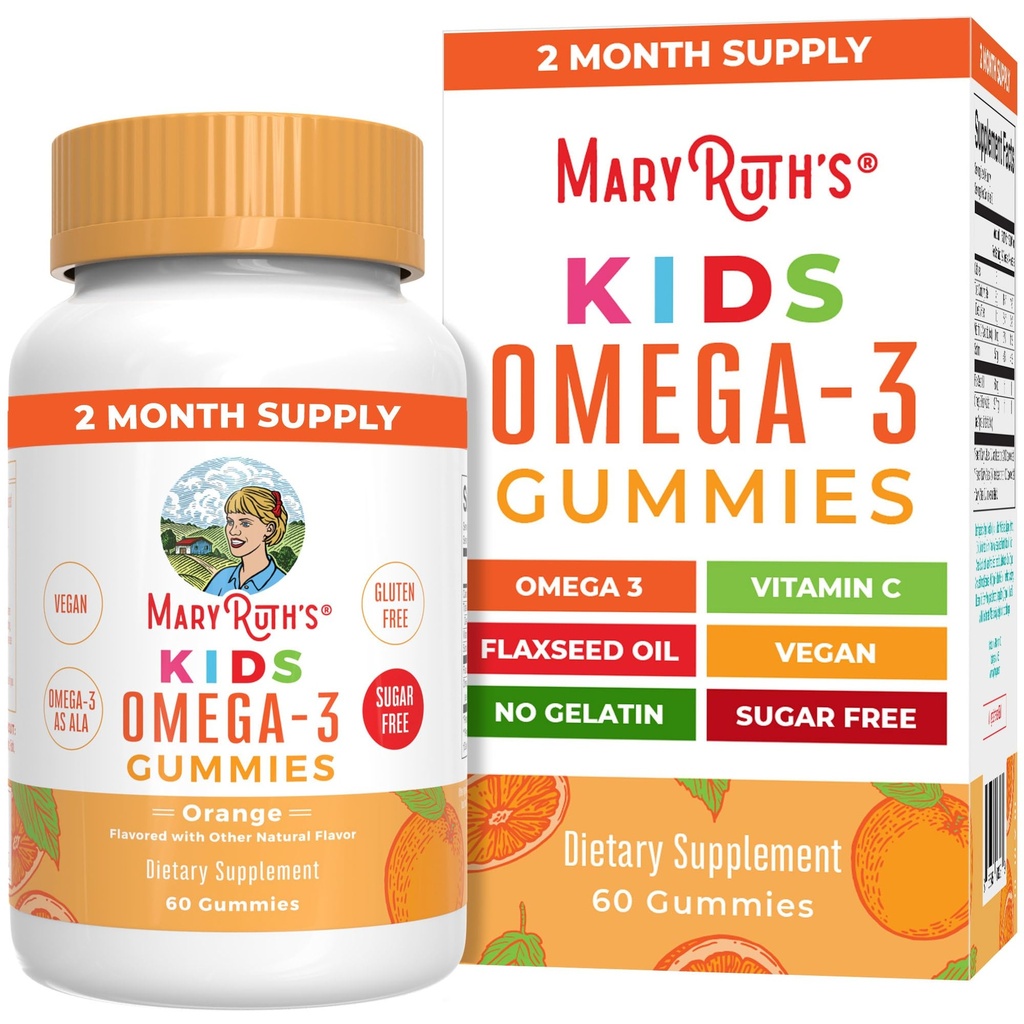 Vegan Omega 3 Gummies di MARYRUTH per bambini 2+, 2 mesi di alimentazione, senza zucchero, Omega 3 supplemento con vitamina C, olio di semi di lino, supporto immunitario, essenziale Nutriente ALA, nessun gusto di pesce, 60 conte