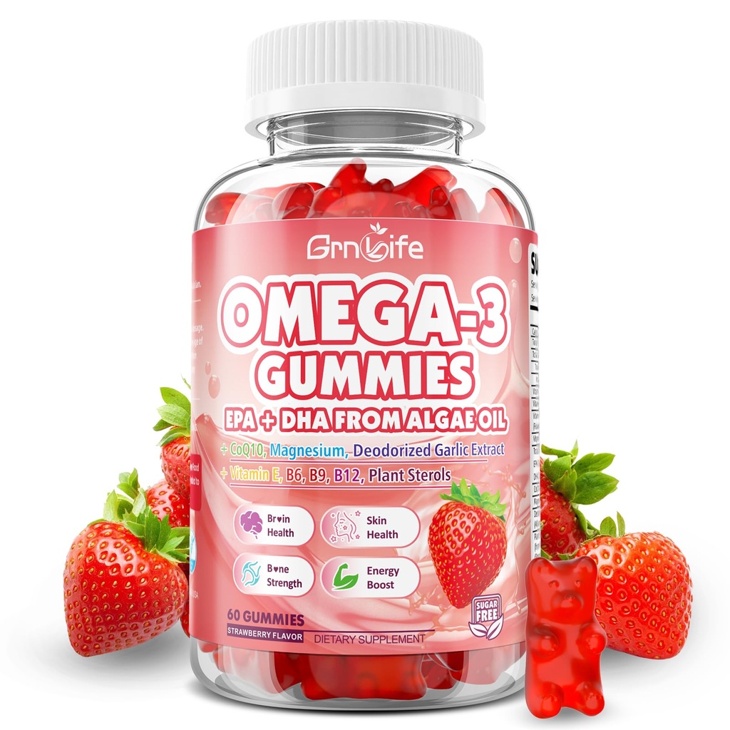 Vegan Omega 3 Gummies 1000mg + CoQ10 + Magnesio - w/Algae EPA 600mg & DHA 400mg, Olio di pesce Omega-3 Supplementi alternativa per adulti, per cervello, occhio, salute immunitaria, aroma di fragola, 60 Conte