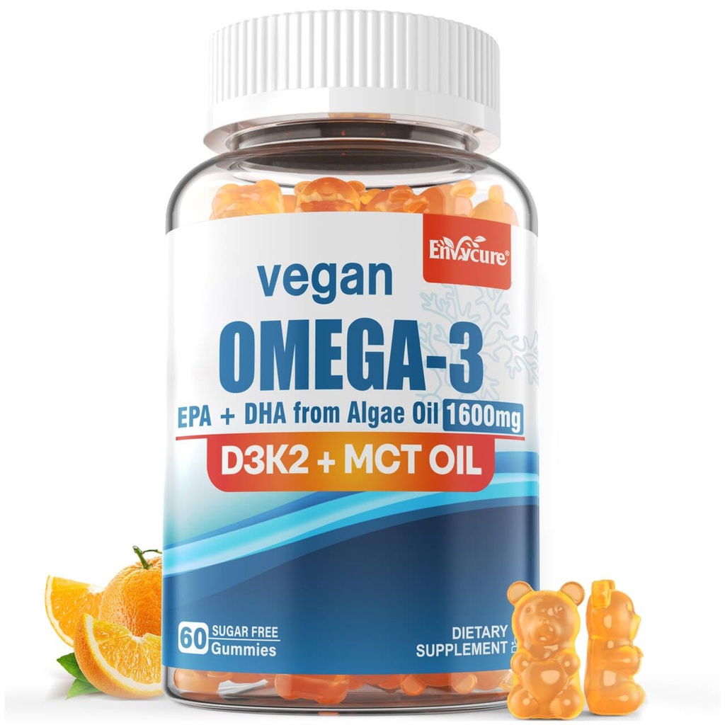 Vegan Omega 3 Gummies 1280mg + Vitamina D3 K2 (MK7), Omega 3 Fish Oil Alternative per adulti, w/Algae EPA 600mg & DHA 400mg, MCT olio - No Fish Taste - per cervello, occhio, salute immunitaria, Zucchero gratuito, 1 confezione