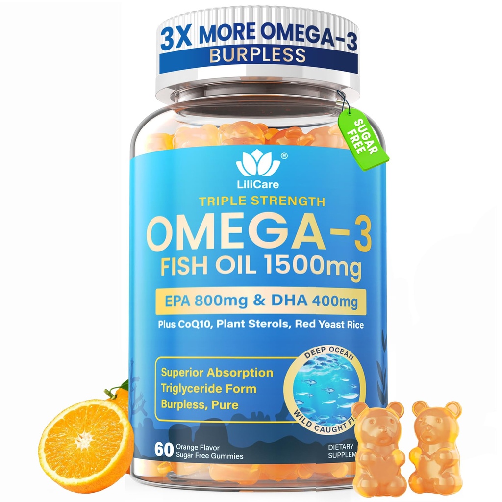 Olio di pesce Omega 3 Gummies 1500mg per gli adulti - Tripla resistenza con EPA & DHA, COQ10, Riso di lievito rosso - Wild Caught Omega 3 acidi grassi Supplementi per Hsar-t & Brain - Sugar Free, Burpless, 60 Conte