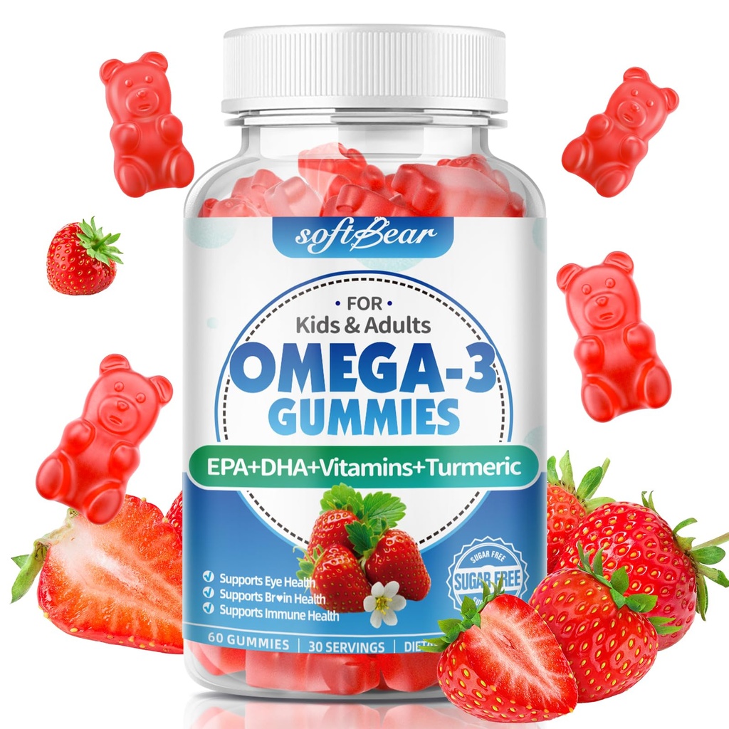 softbear Omega 3 Gummies per le donne e gli uomini e i bambini Omega 3 integratori 1200mg Vegan Omega 3 acidi grassi DHA EPA con vitamine Support Eye & Brain Health, Sugar Free, Fragola Flavor 60 Conte