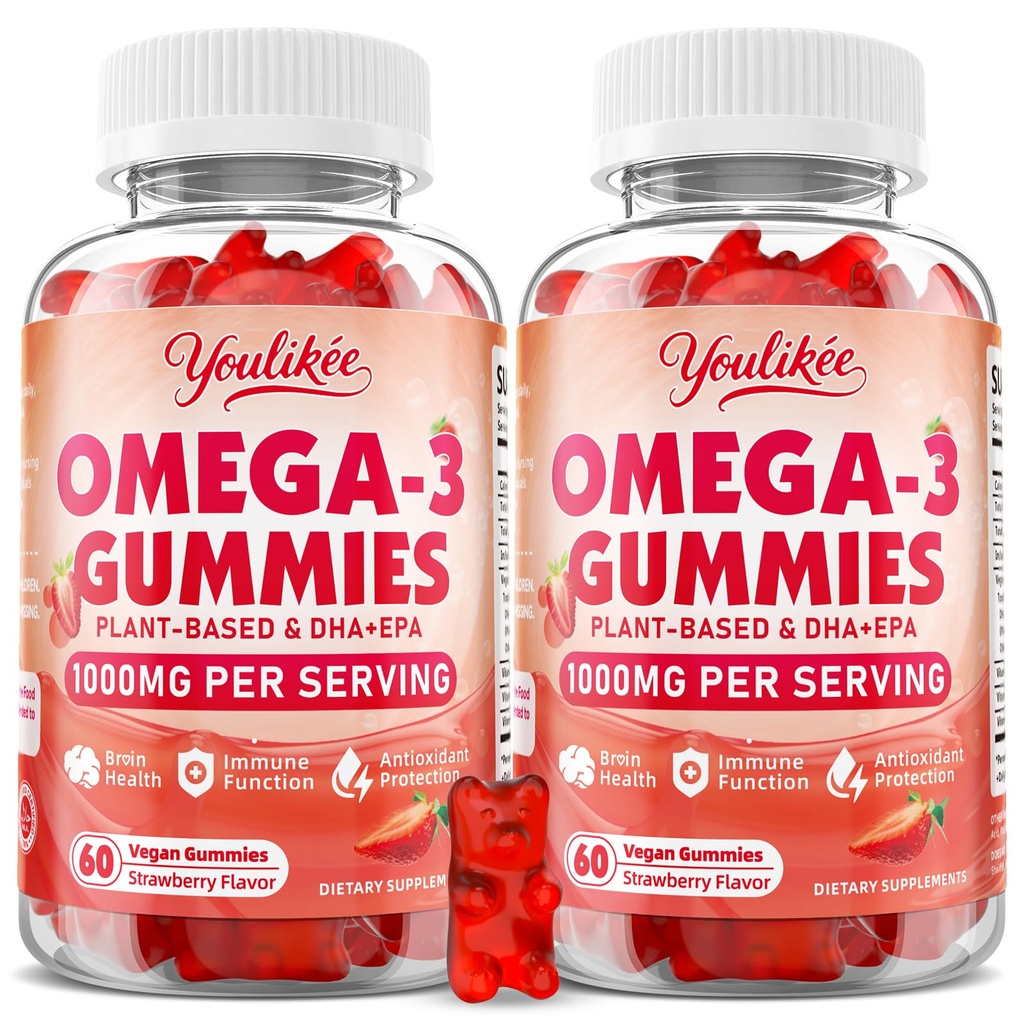 2 Confezione Vegan Omega-3 Gummies 1000mg, Omega 3 Fish Oil alternativa per gli adulti, pianta a base DHA 460mg & EPA 230mg w/Vitamina A, C, E, Fragola Flavor, 120 Conte