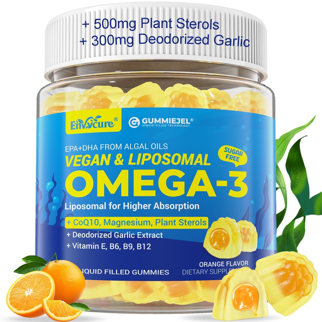 Vegan Omega-3 Gummies 1000mg +CoQ10+Magnesium- EPA 600mg & DHA 400mg, Fish Oil Omega 3 Integratori Alternativi per Donne Adulti- Forma Liposomica -Algae- Piante Sterols, Aglio, B6, B9, B12, Sugar Free