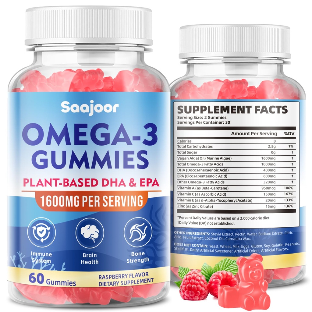 Vegan Omega-3 Gummies1000mg per adulti - Supplemento senza zucchero con 400mg DHA & 600mg EPA, Vitamine A, C, E e Zinco - 60 Conte
