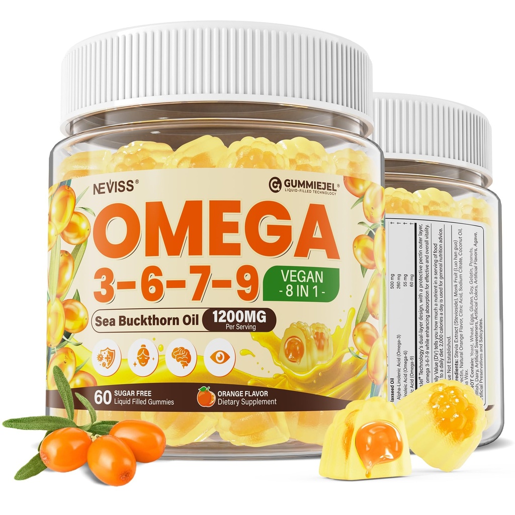 Omega 3-6-7-9 Gummies, Organic Sea Buckthorn olio 1200MG & Flaxseed olio 500MG, Vegan Omega 7 supplemento w/Vitamina A, C, E, acidi grassi, nessun gusto di pesce, Supporta pelle, occhio, immunitario, salute del cervello, 60 Cts