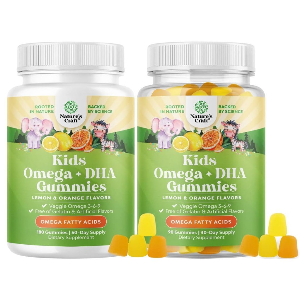 Bundle di Omega DHA Gummies per bambini - acidi grassi Omega 3 6 9 con vitamina C per cervello, immunità e visione - DHA nutrizionale per sano sistema nervoso e supporto di messa a fuoco - vegetariano e senza glutine