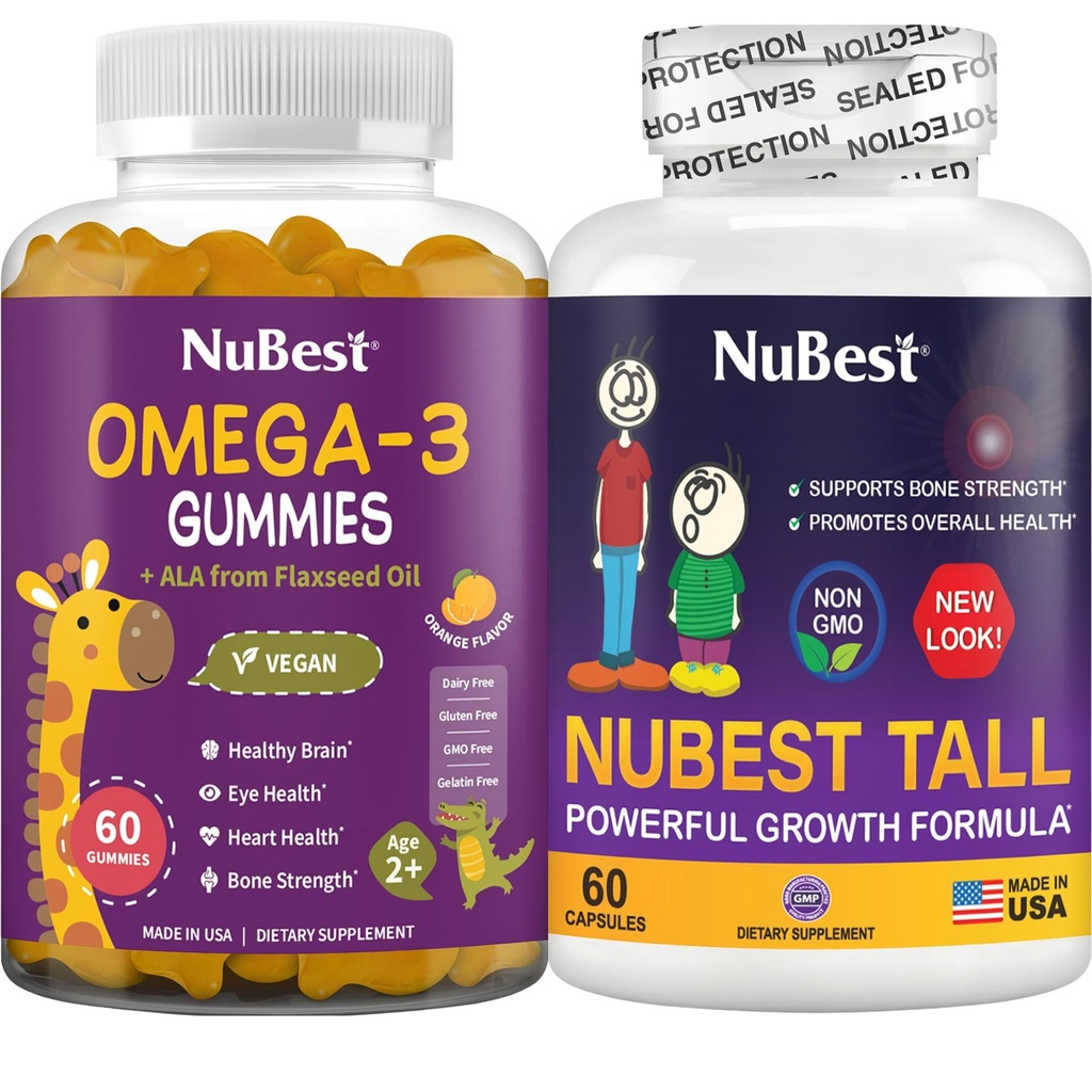 NuBest Bundle Bone Crescita - Crescita del cervello: Omega 3 Gummies Tall Nuovo look per bambini e adolescenti con calcio, collagene, erbe, Omega 3 Flaxseed olio