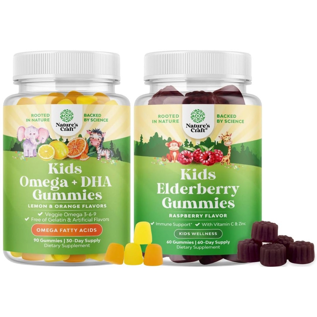 Bundle of Kids DHA Omega 3 Gummies - Fish Free con Vegetariano 6 9 per Vision Brain & Immunity e Sambucus Elderberry Gummies per bambini - Black Elderberry with Zinc & Vitamin C for Immune Support