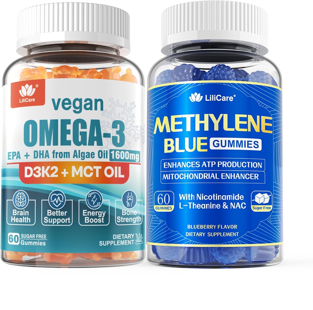 Vegan Omega 3 Gummies 1280mg + Methylene Blu Gummies per l'uomo