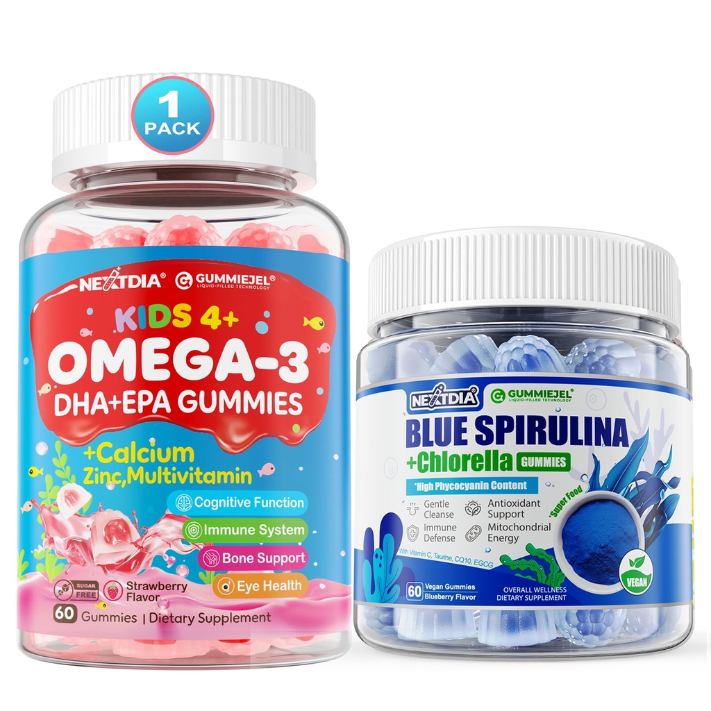 Omega 3 (EPA/DHA) Gummie riempite + Gummie di Spirulina Blu Biologico