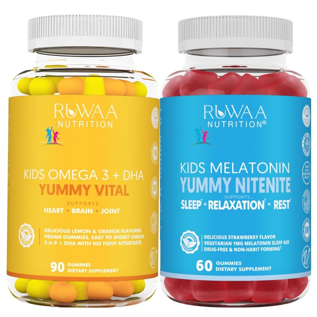 RUWAA NUTRITION Omega 3 Gummies, DHA Gummies e 1mg Melatonin Gummies | No Fish, No After-Taste, Non-Habit Forming, Gluten Free, Non-OGM, Made in USA.