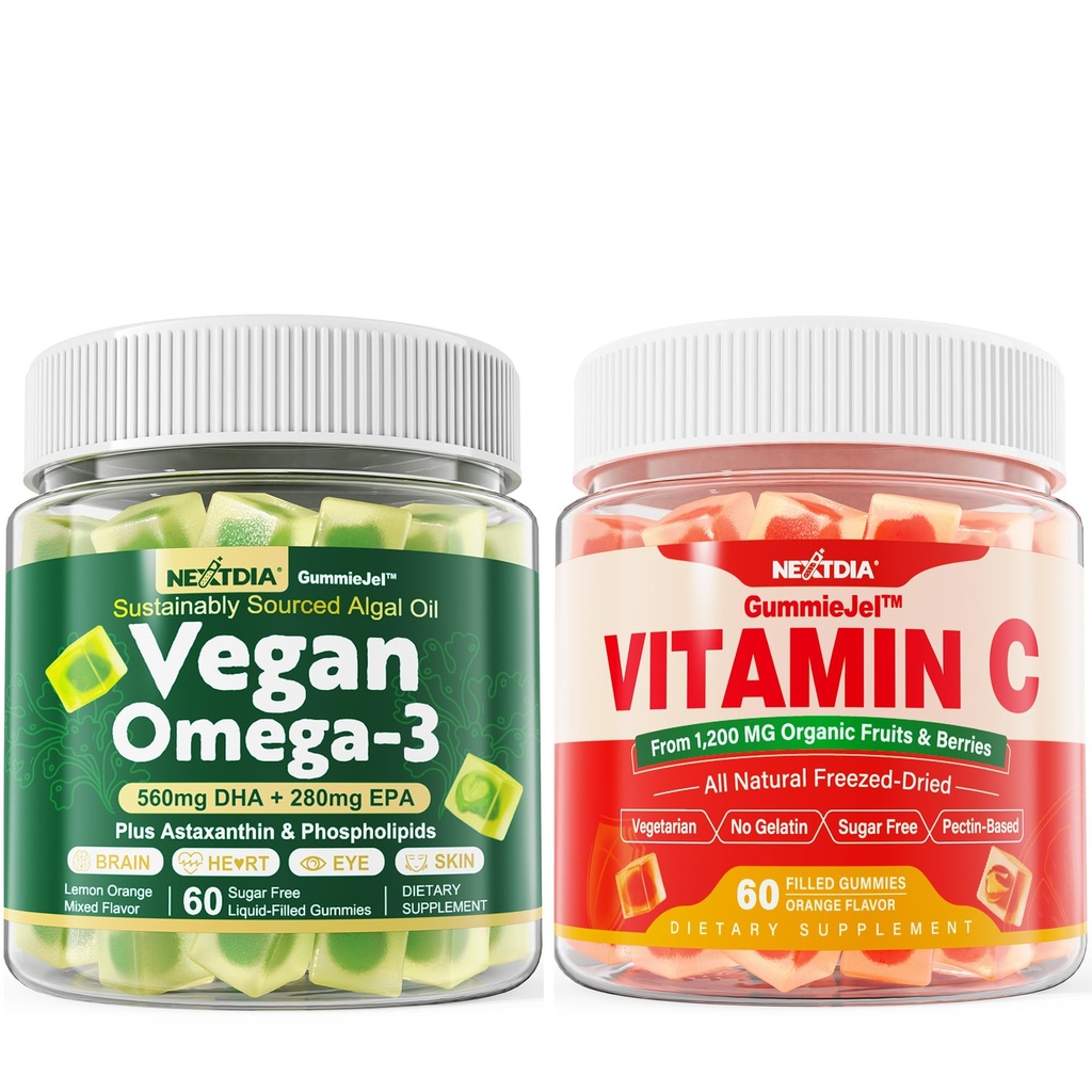 Nextdia Vegan Omega 3 Gummies + tutto il cibo Vitamina C Gummies per adulti e bambini
