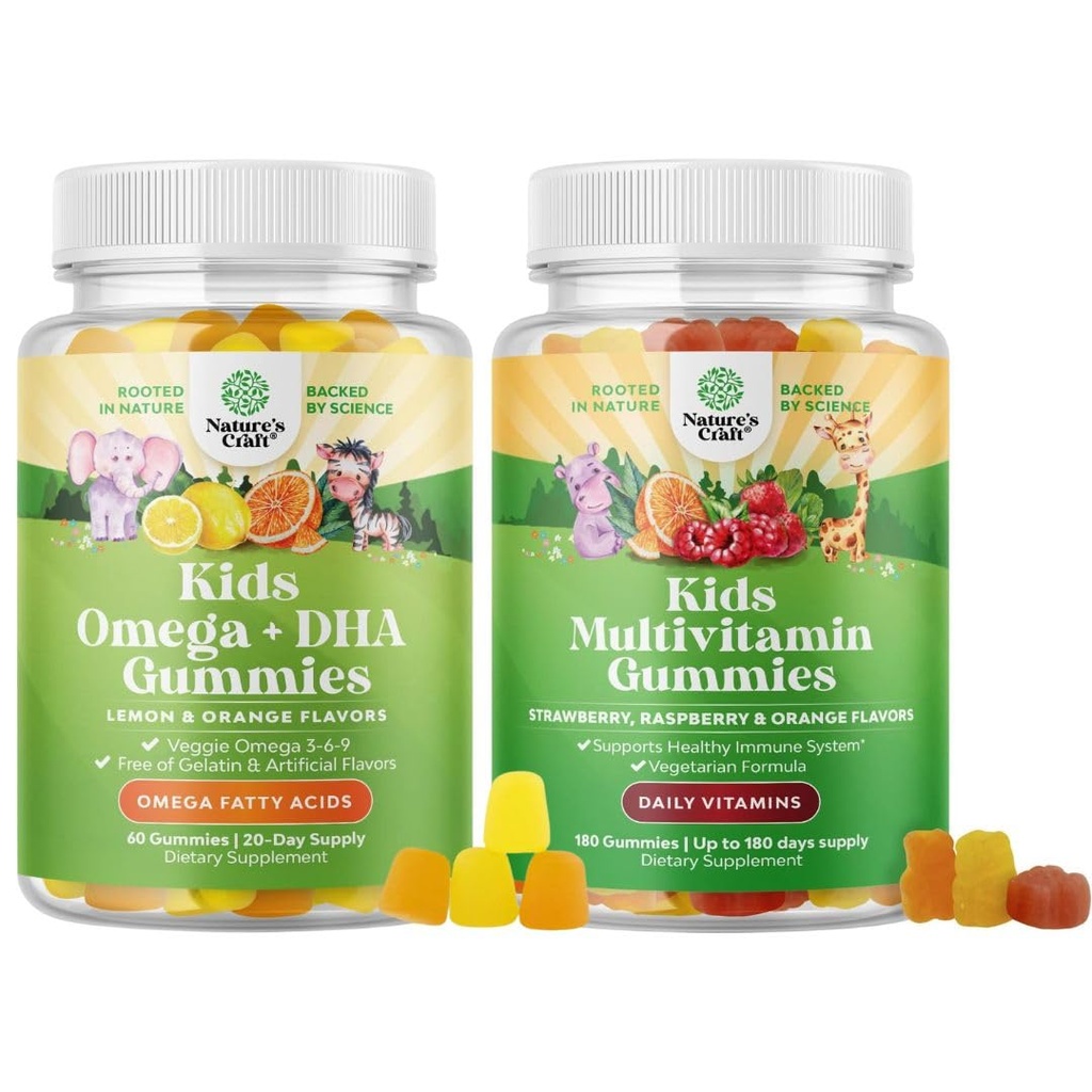Bundle di bambini DHA Omega 3 Gummies - acidi grassi Omega 3 6 9 per il cervello, la forza immunitaria e la visione e i bambini a base di piante Multivitamina Gummies con vitamine A C D3 E B e zinco per il supporto immunità