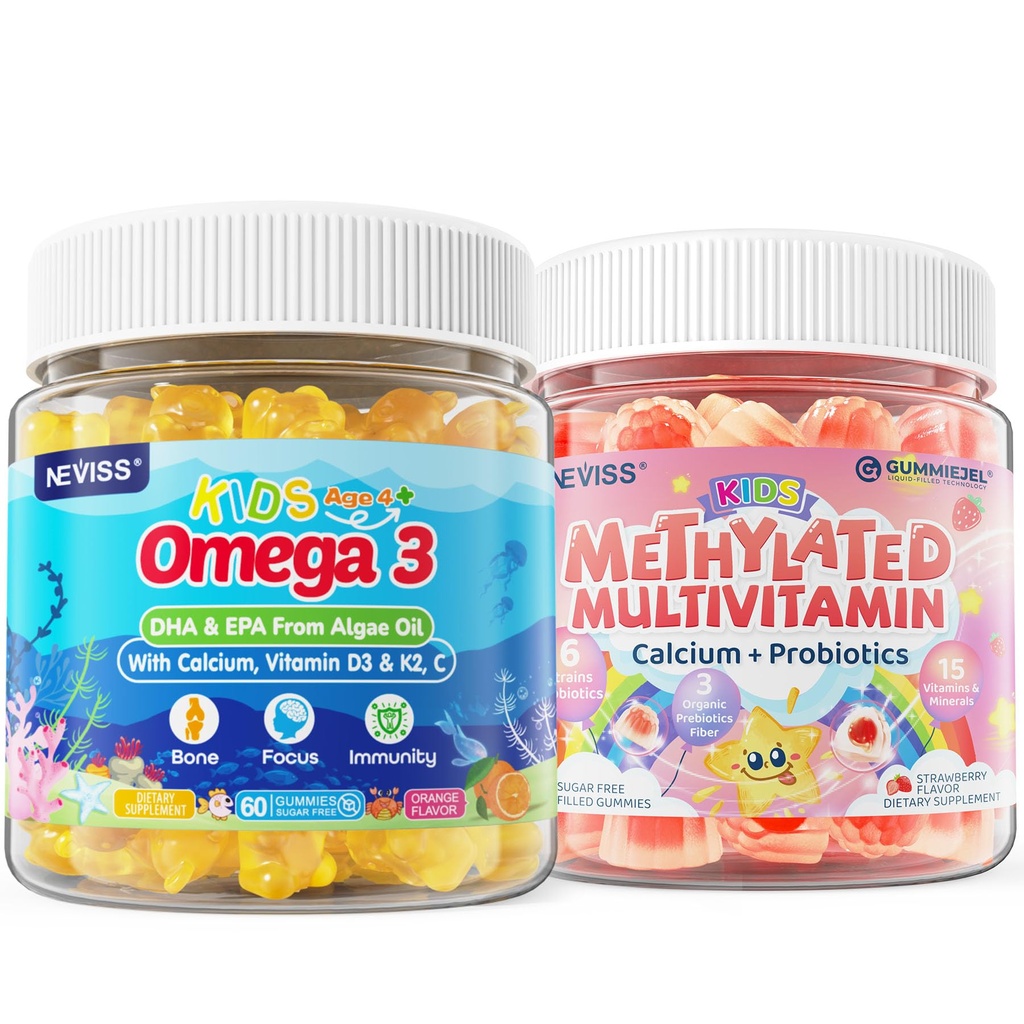Bambini Multivitaminici etilati con calcio, probiotici + Omega 3 Gummies con vitamina D3 & K2, C, DHA