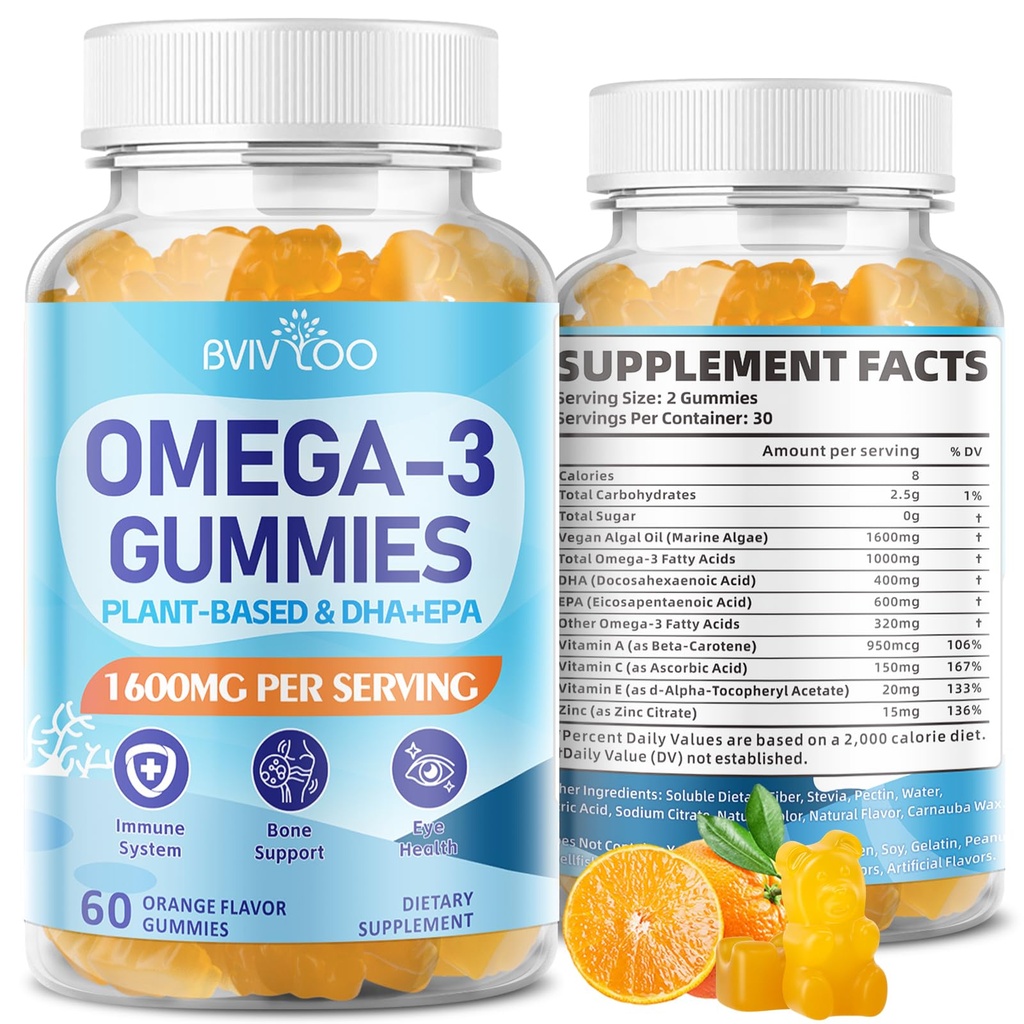 Vegan Omega-3 Gummies - 1600mg con 600mg EPA & 400mg DHA. Formula ad alto assorbimento. Delizioso sapore arancione - 60 Gummies